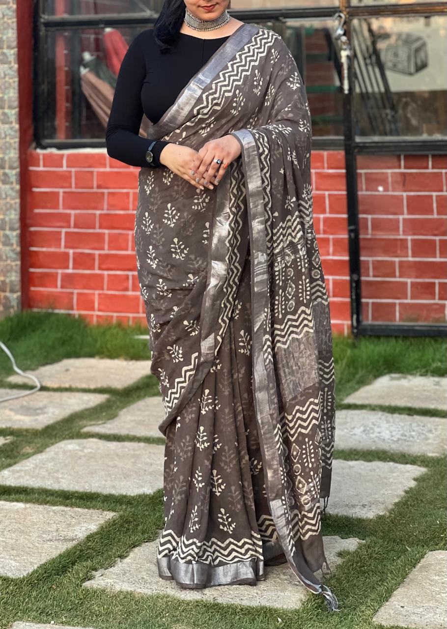 Handblock Linen saree