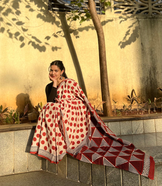 Red polka dots hand block saree
